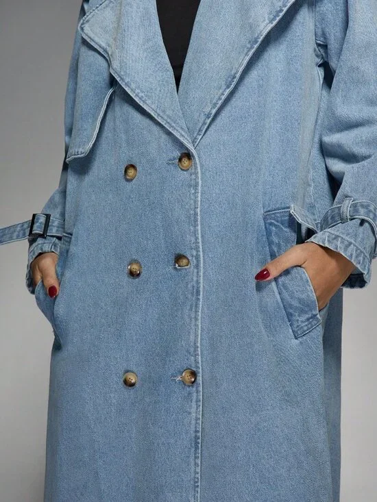 Light Wash Oversized Denim Women's Long Double Breasted Trench Coat - Picture 6 of 7